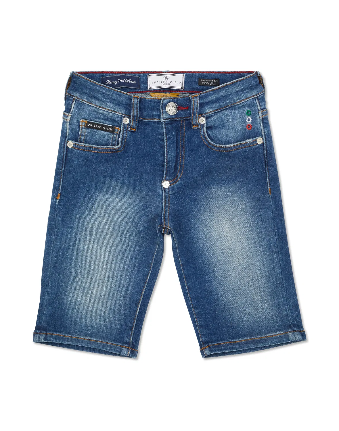 Детские шорты джинсовые с эффектом потертости Mykonos Fit Italic Plein PHILIPP PLEIN, Blueshark