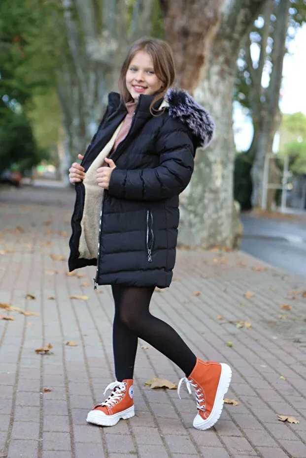Детское пальто для девочек с принтом Extra Soft Filling Silver Zippered Plush Hooded Faux Fur Coat Inside Transacoustic, Black — фото 4
