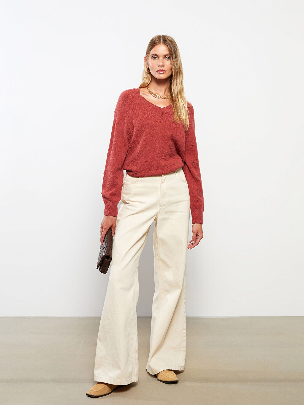 

Женский трикотажный свитер с V-образным вырезом и длинным рукавом LC Waikiki Basic, Красный, Женский трикотажный свитер с V-образным вырезом и длинным рукавом LC Waikiki Basic