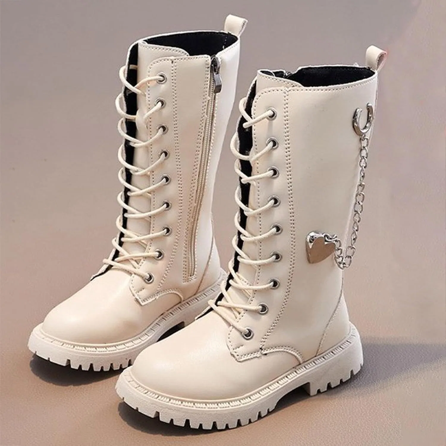 Детские сапоги с принтом для девочек и мальчиков Cowboy Boots Lace Up Heart Chain Decor, White — фото 2