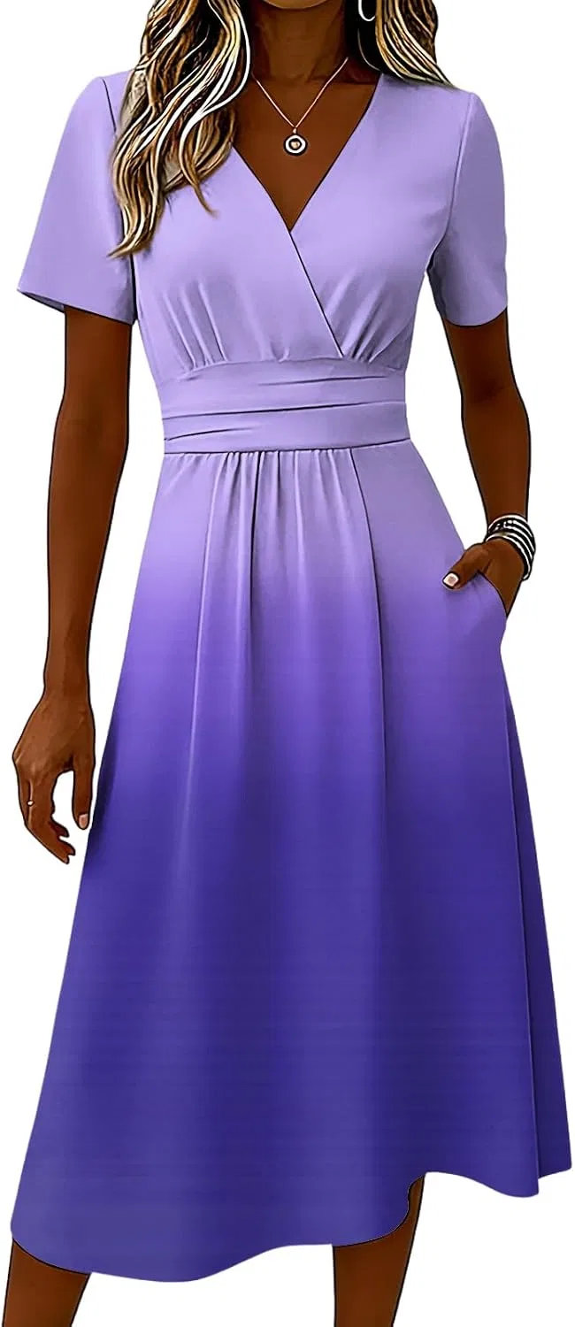 Женское летнее платье с V-образным вырезом градиент, Beach Dresses For Women, Purple Pink — фото 3