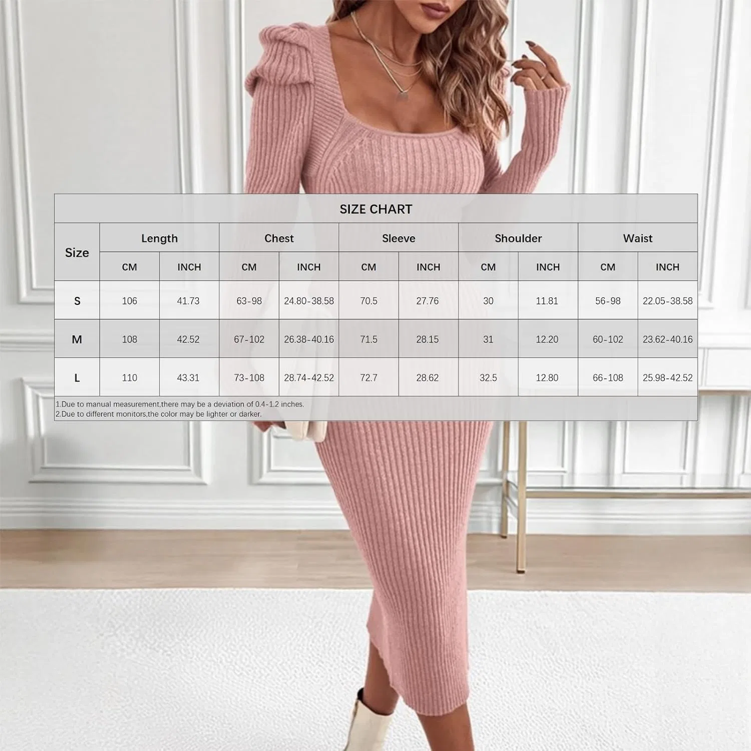 Женское трикотажное платье миди с квадратным вырезом и разрезом, Pink — фото 2