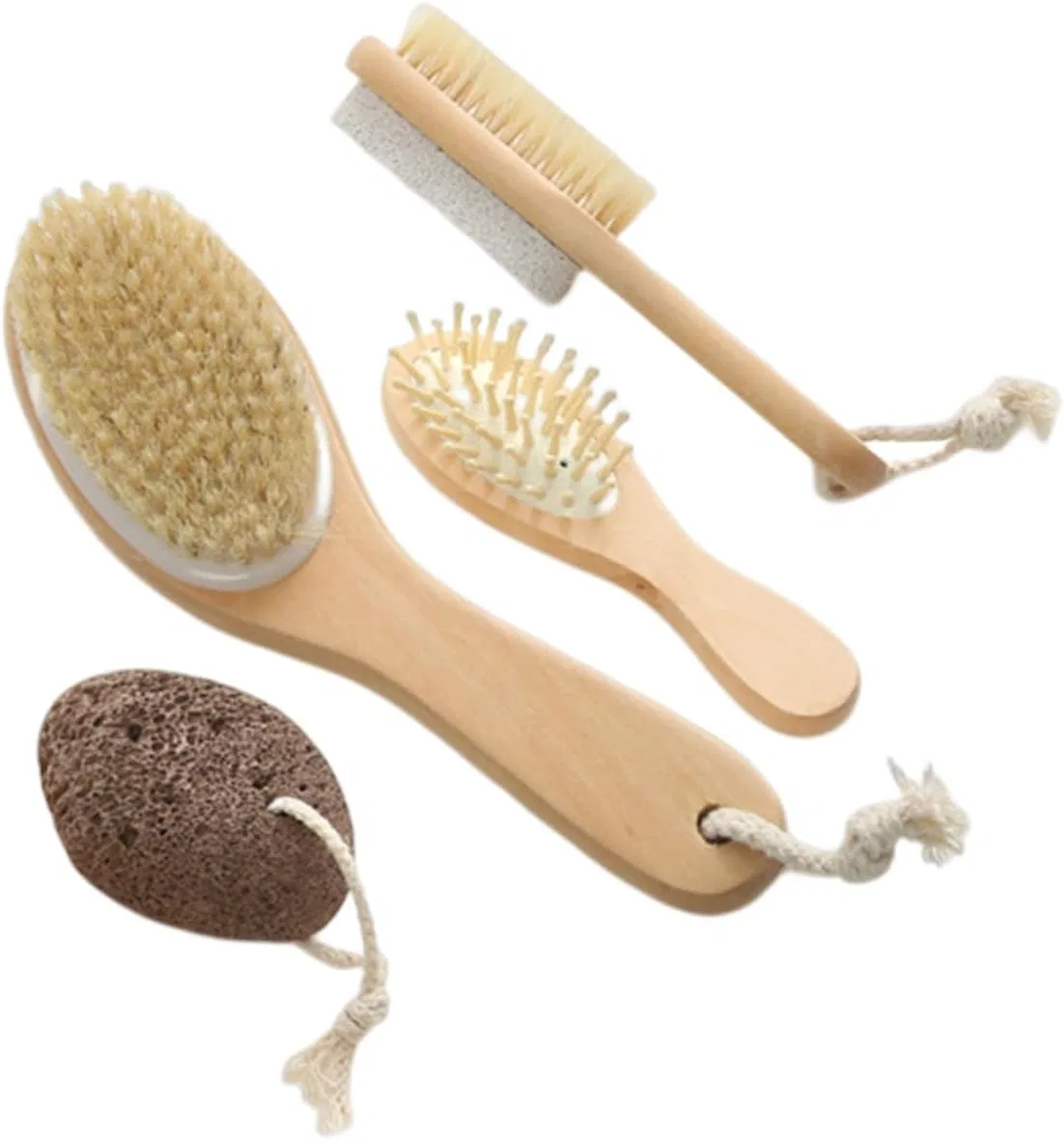 Щетка для тела Body Brush Set из натуральной щетины с эксфолиирующим камнем, OATIPHO, 26x7.2x4 см, Beige