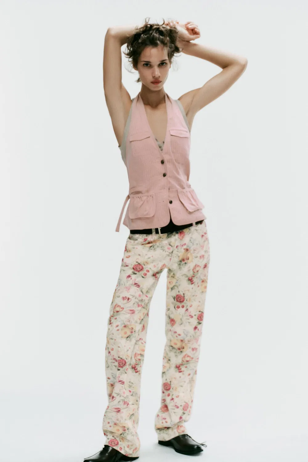 Полосатый топ с завязками на шее и карманами ZARA, Light pink