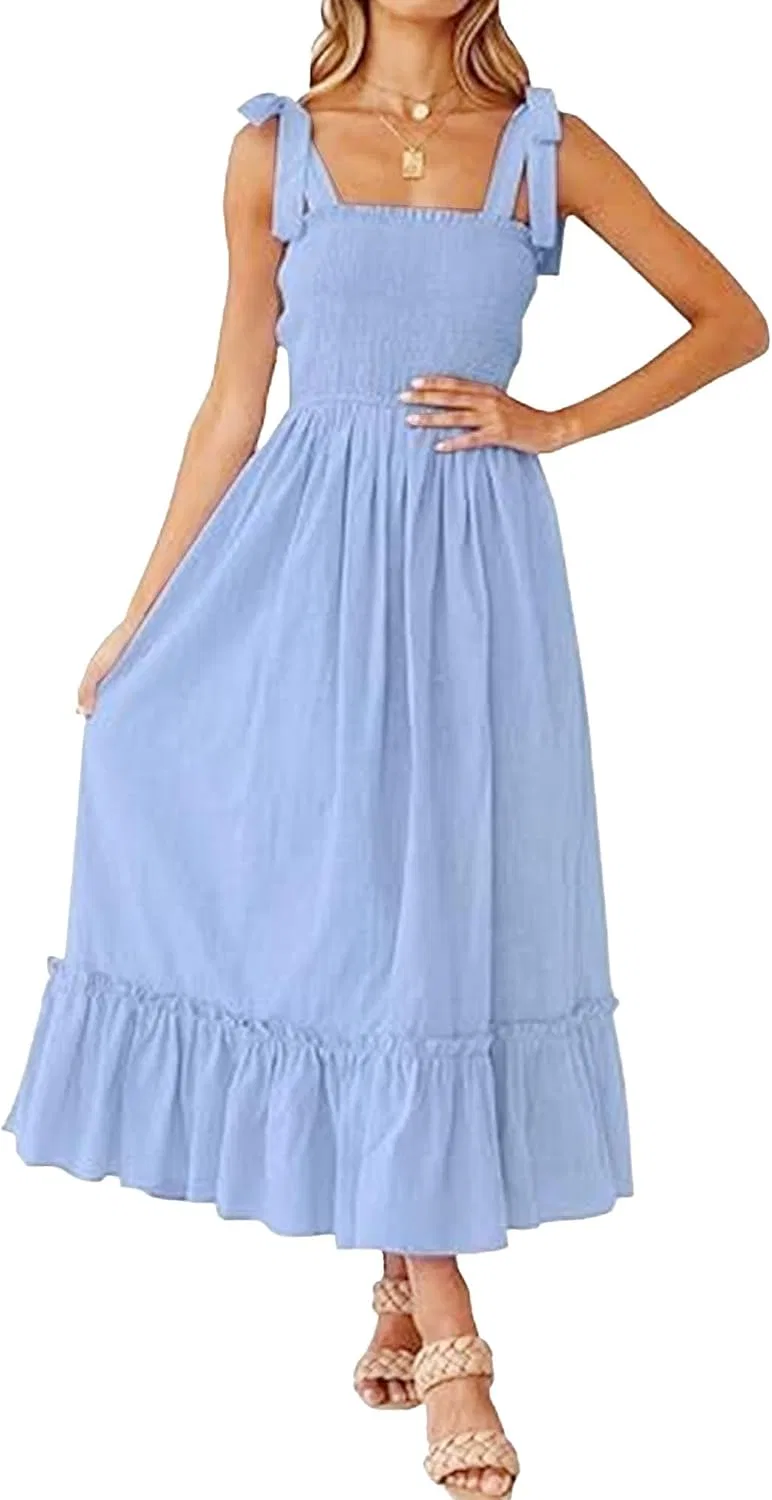 Женское летнее пляжное макси-платье с квадратным вырезом и оборками, Light Blue