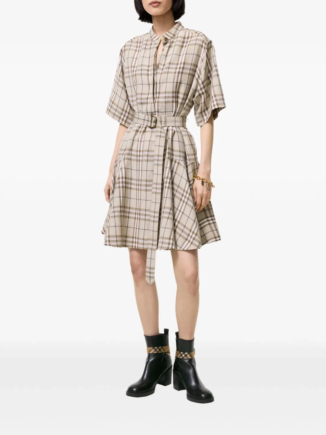 Платье из льняной смеси в клетку Burberry, нейтральные — фото 2