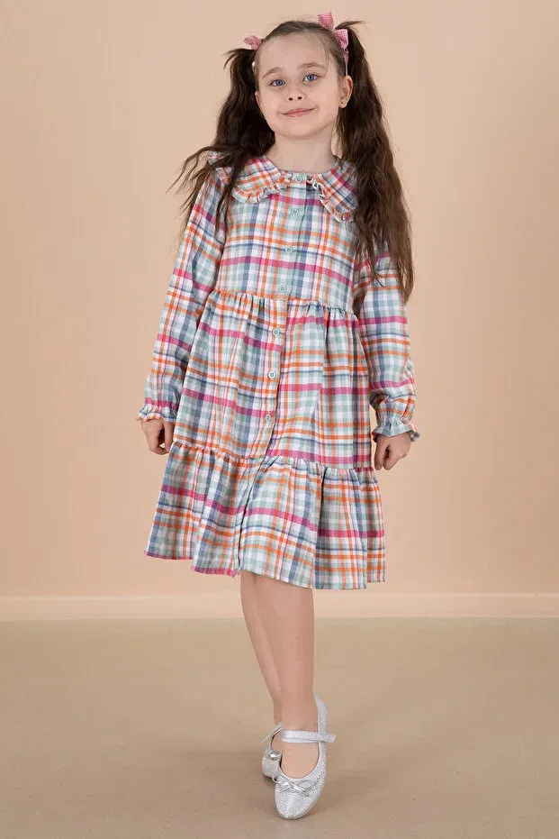 Детское платье для девочек с длинным рукавом Green Plaid Print Cansın Mini, Green — фото 4