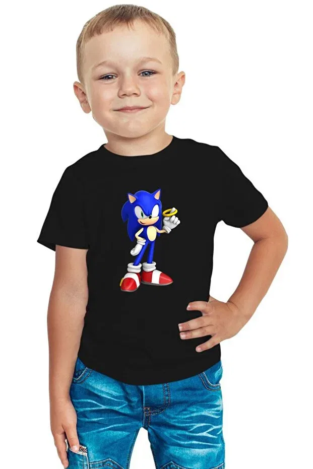 Детская футболка с принтом Hedgehog Sonic Venüsdijital, Siyah