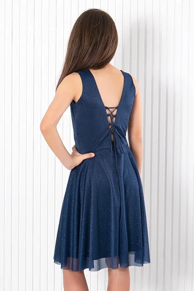 Детское платье для девочек с открытой спиной Back detailed tulle evening dress navy blue mdv942 Modaviki, Navy Blue — фото 4