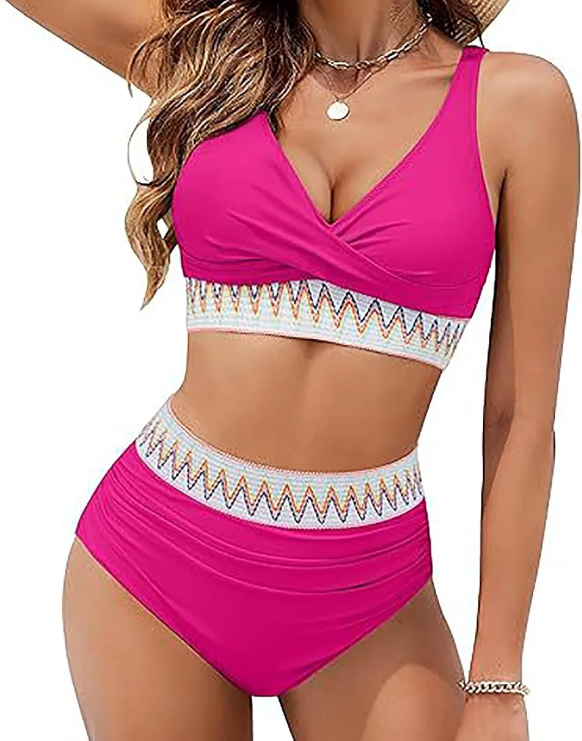 Женский купальник бикини с V-образным вырезом и высокой талией, Hot Pink