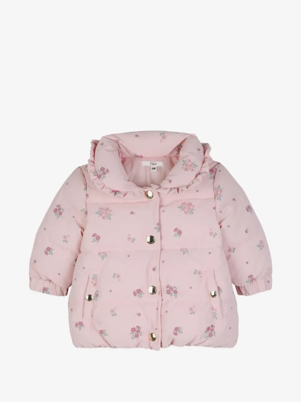 Пуховик с оборками и цветочным принтом Chloe Kids, розовый