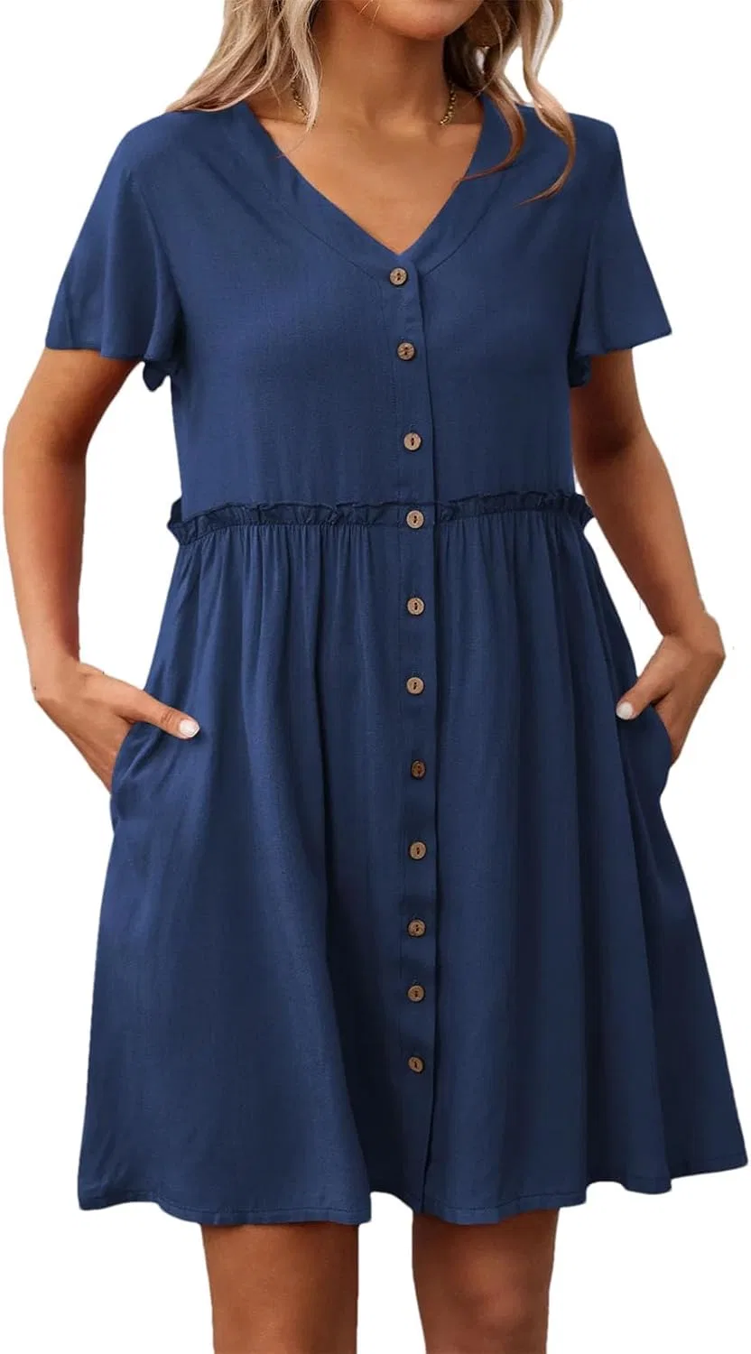 Женское короткое платье с V-образным вырезом A-силуэта, Navy Blue