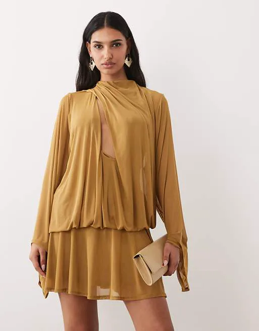 

Оливковое платье мини с драпировкой и разрезом спереди и рукавами-блузонами ASOS DESIGN