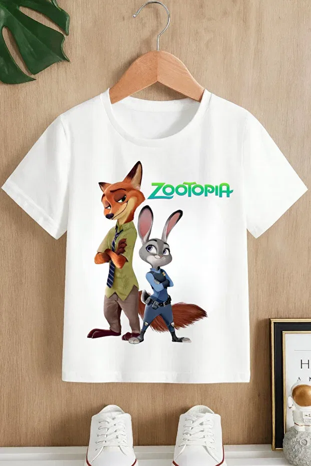 Детская футболка с принтом Zootopia Printed Black-White Unisex T-Shirt Mech Butik, White