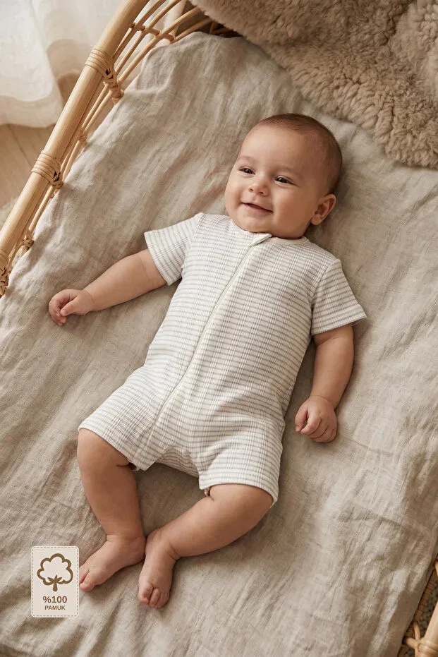 Детское боди-комбинезон с коротким рукавом в полоску Minory Baby, Gray — фото 2