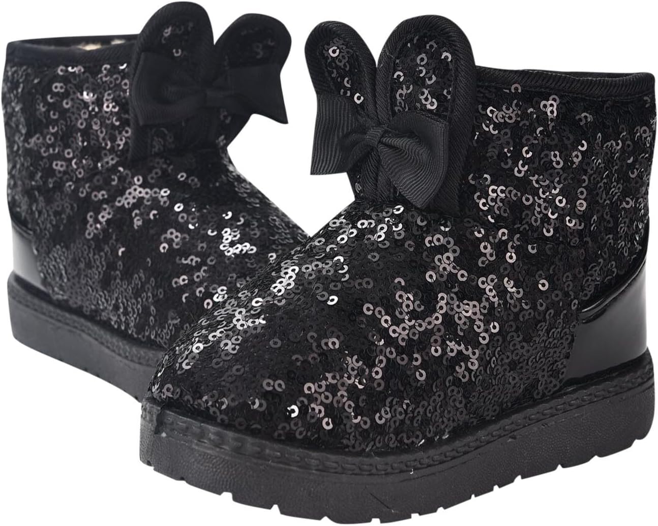 

Девочковые блестящие короткие ботинки с пайетками, пушистые теплые зимние ботинки на толстую щиколотку с милыми ушками кролика и бантиком, снегоступы Generic, Black