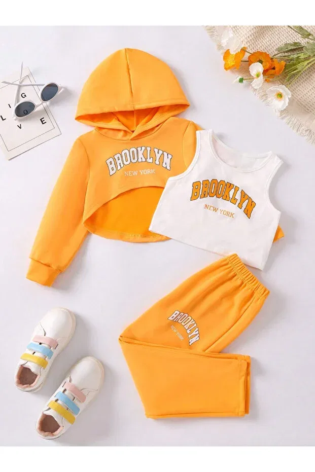 Детский спортивный комплект из толстовки и брюк с принтом Brooklyn White Strappy Crop Machetta, Orange