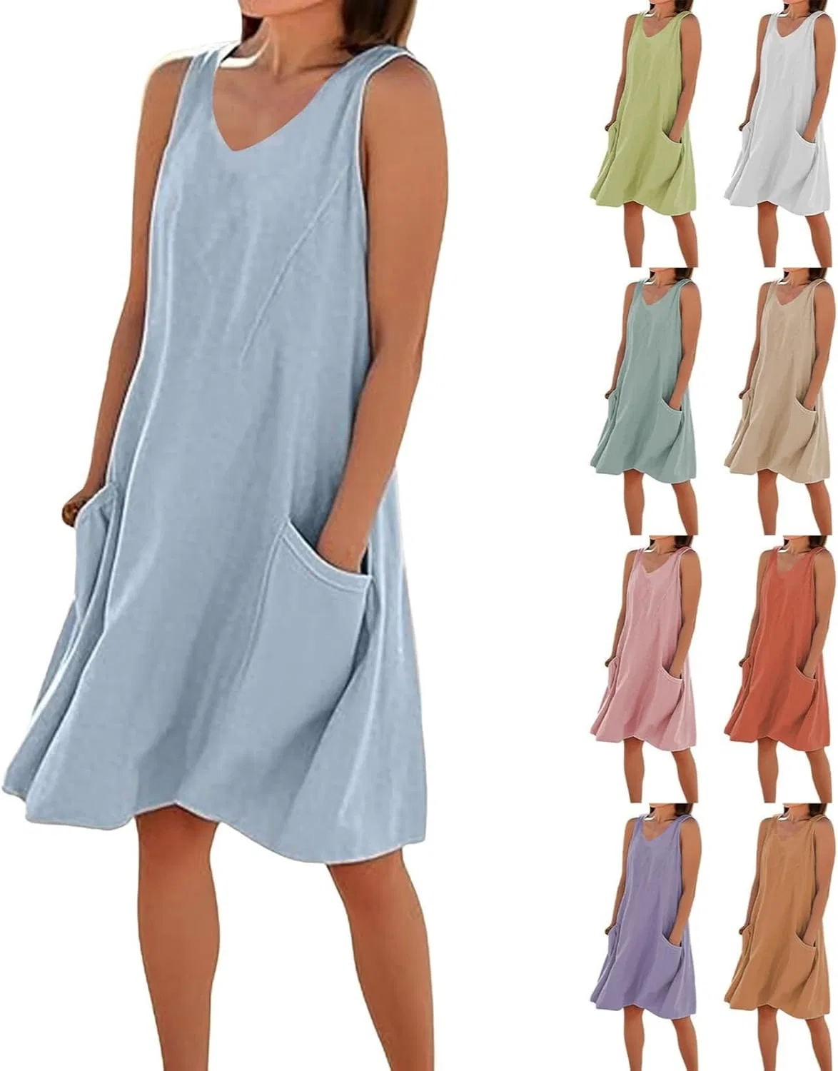 Женское повседневное платье миди из хлопка и льна, Light Blue