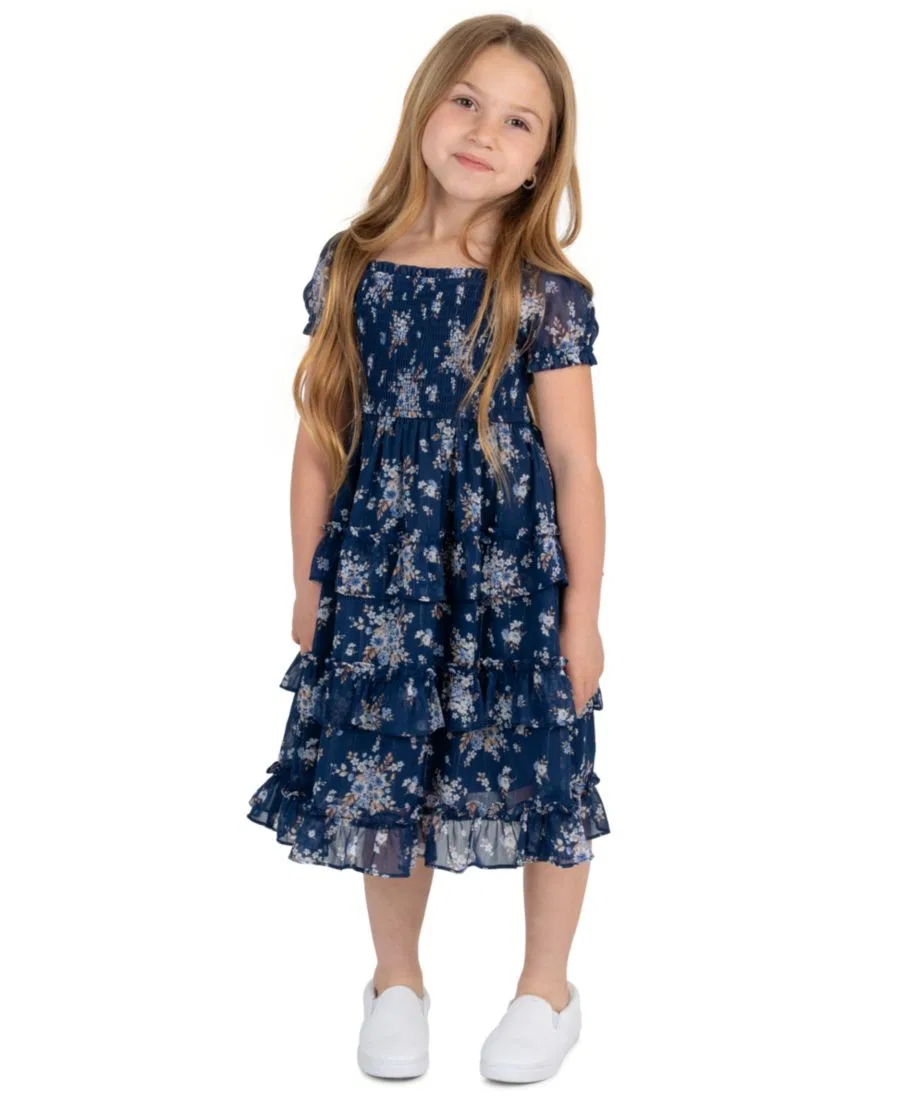 Платье миди с принтом, с пышными рукавами, модель Printed Lurex Chiffon Puff Sleeve Tiered Midi Rare Editions, Navy