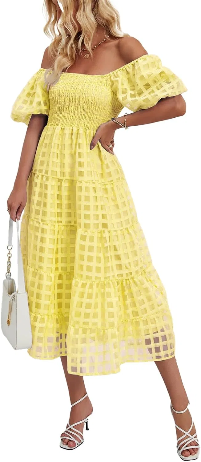 Женское офф-шeлдер макси платье с воланами Smocked, Light Yellow