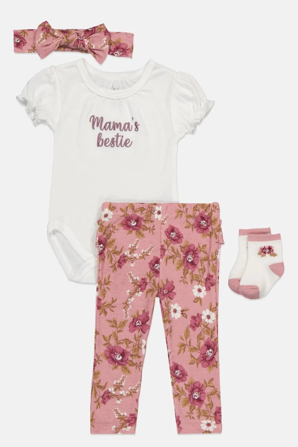 Комплект боди-комбинезон и штаны с вышивкой, повязка и носки Baby Essentials, разноцветный — фото 4