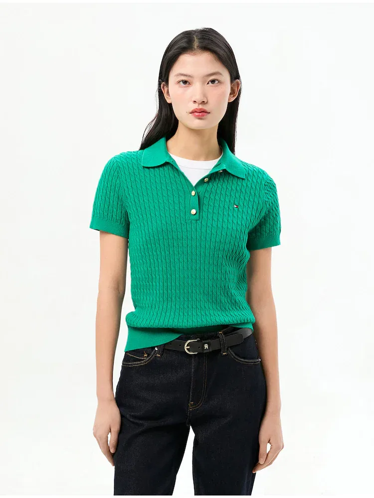 Свитер поло с кабельным узором TOMMY HILFIGER, Light Green