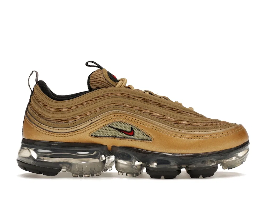 Детские кроссовки гибридные с металлическим верхом Nike Air VaporMax 97 Metallic Gold, Metallic Gold/Varsity Red-Black-White