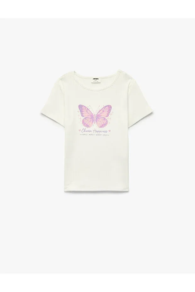 Детская футболка для девочек с принтом Cotton Short Sleeve Crew Neck Butterfly Print T-Shirt Koton, Ecru — фото 3