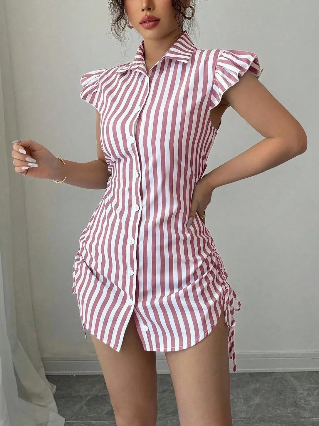 Женское повседневное мини-платье-рубашка с полосками, Pink — фото 3