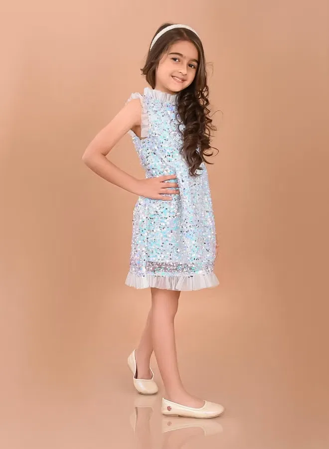 Платье-трапеция с пайетками и рюшами без рукавов Sequin ruffle party dress Lilpicks, голубой — фото 2
