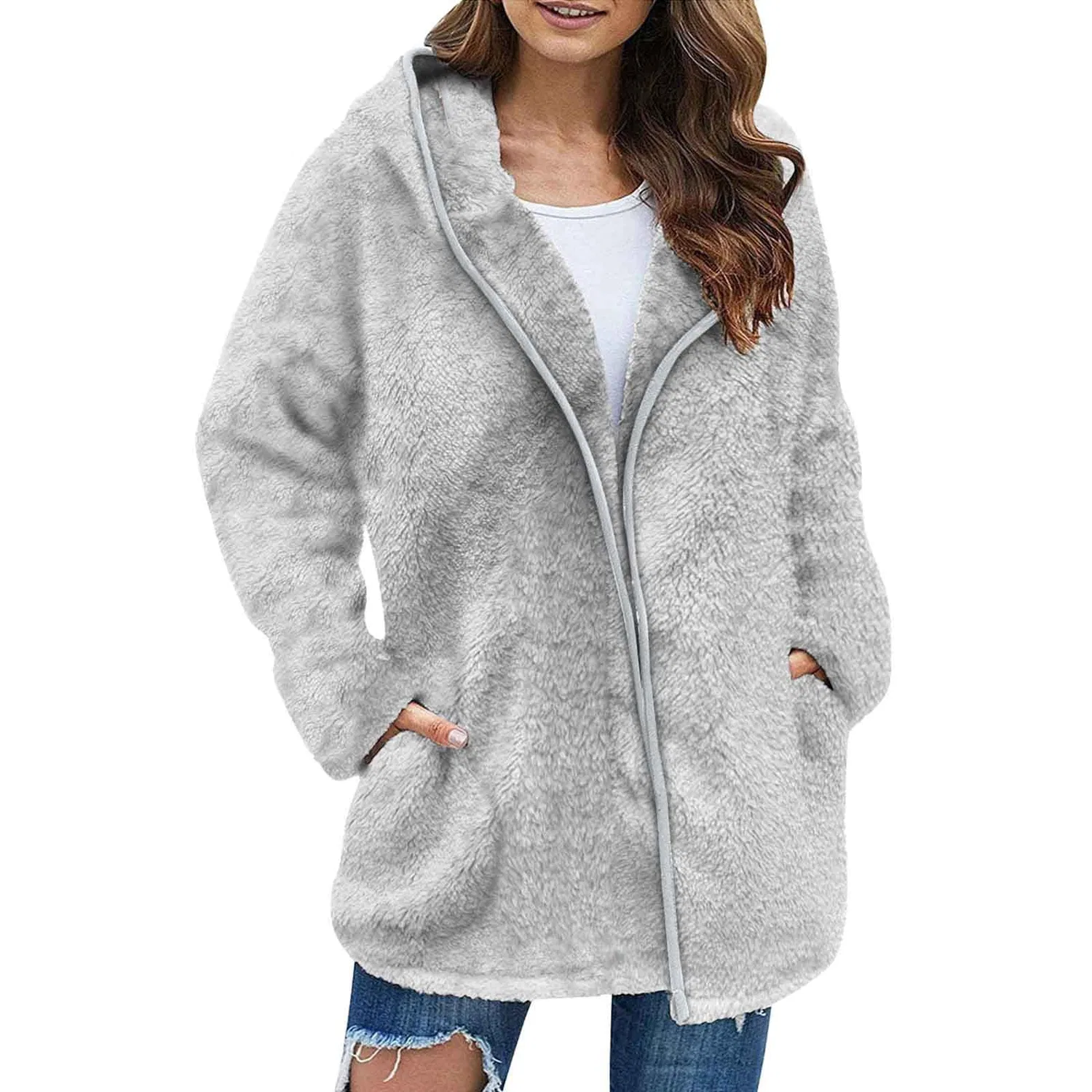 Женская куртка из флиса с капюшоном и молнией, модель Fluffy Hooded, бренд, grey
