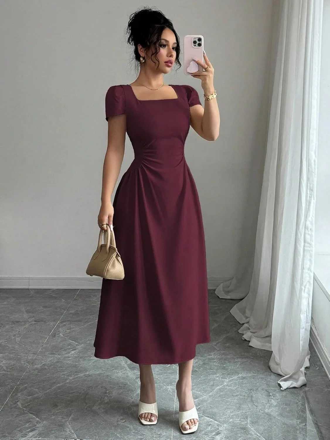 Женское платье А-силуэта с квадратным вырезом, Plain, Maroon — фото 2