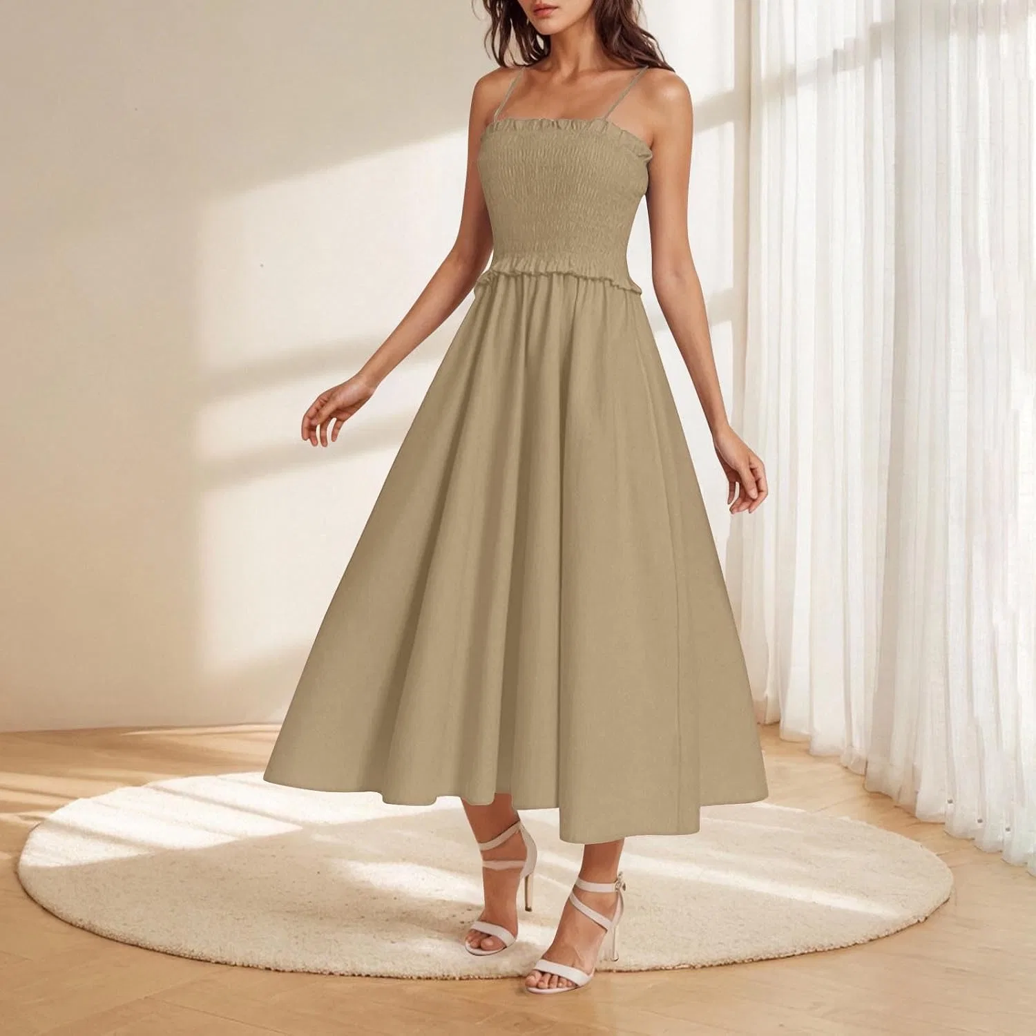 Женское летнее платье макси на бретелях A-силуэта, Khaki — фото 2