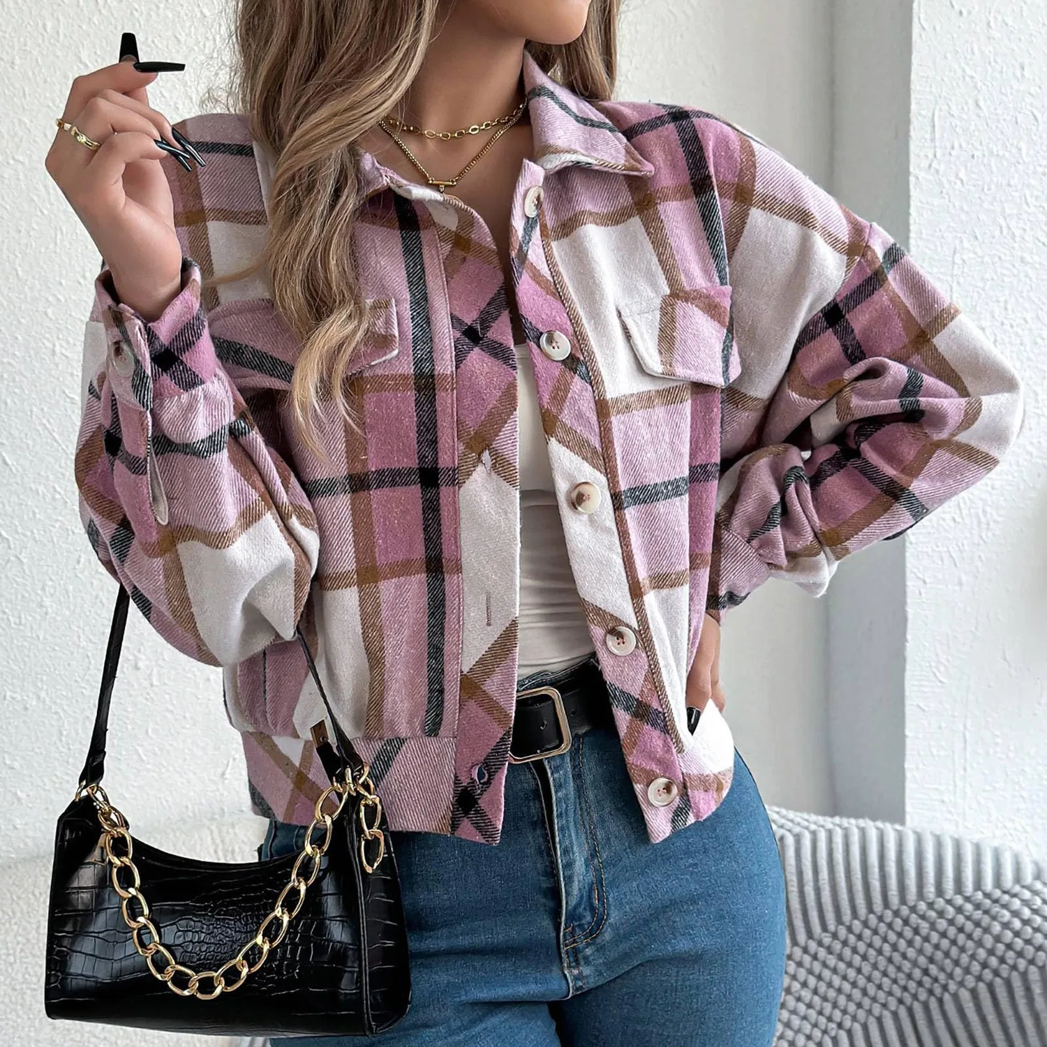 Женская фланелевая куртка в клетку с пуговицами, Colore: Rosa — фото 2