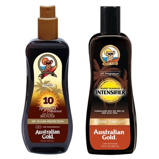 

Гель-спрей Australian Gold SPF 10, бронзатор и лосьон для усиления загара, набор для загара: спрей для загара с бронзатором 237 мл + молочко, ускоряющее загар 250 мл