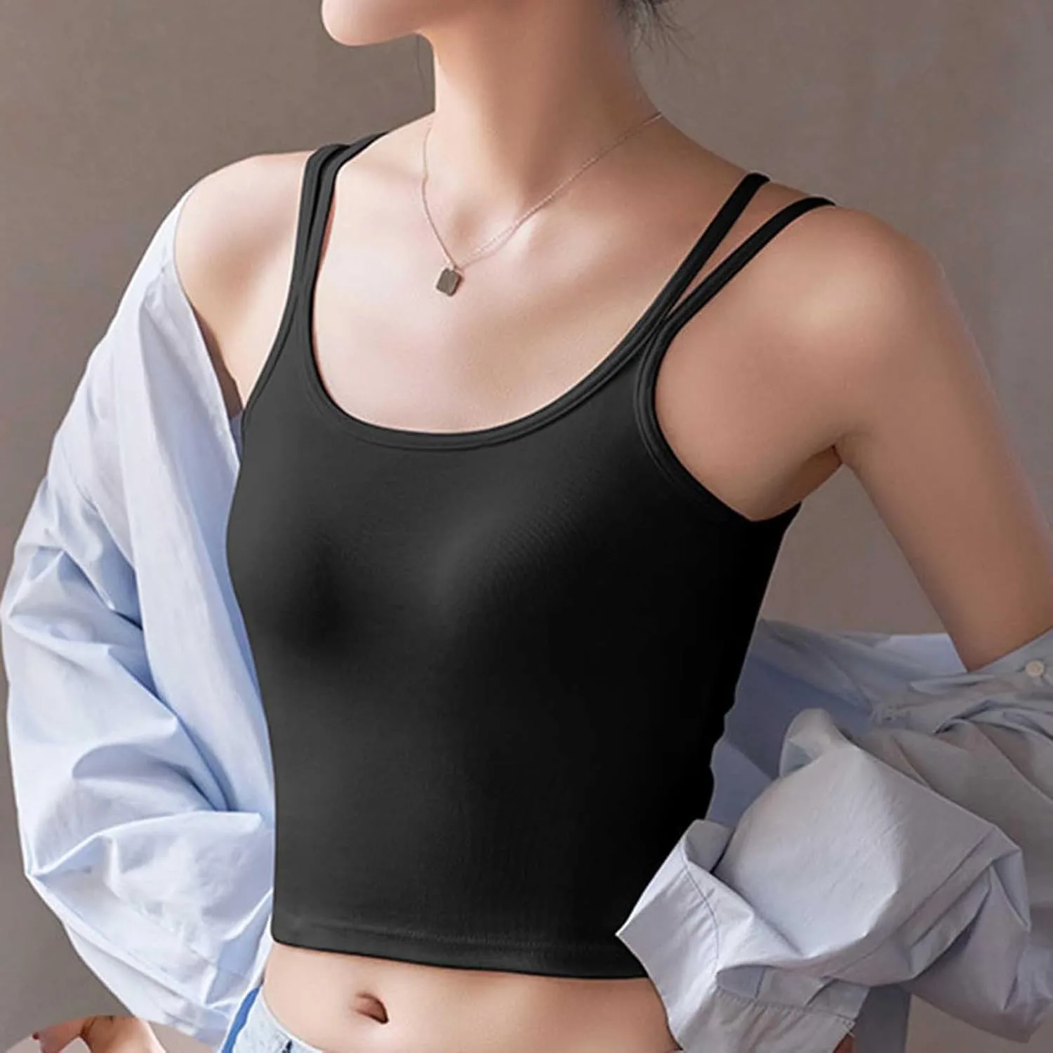 Топ с встроенным бюстгальтером для женщин 2026 Stretch Spaghetti Strap Camisole для многослойности с мягкими чашечками Generic, черный — фото 2