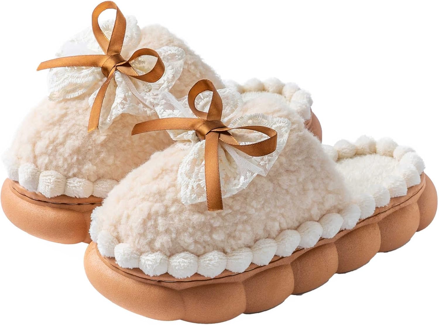 

Домашние тапочки с бантом для женщин и мужчин, домашняя обувь с эффектом памяти, плюшевые, для спальни и улицы Generic, бежевый