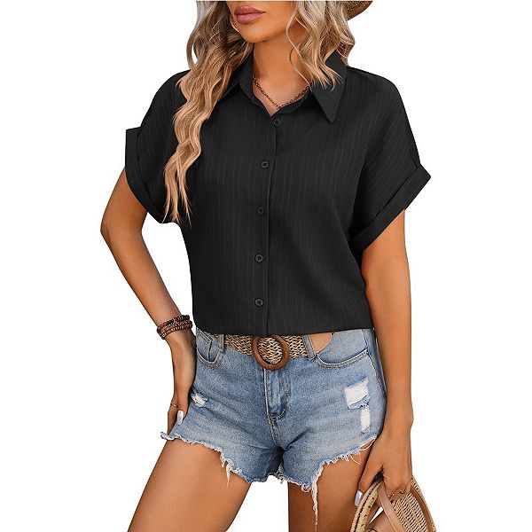 

Женская рубашка с коротким рукавом и текстурированным воротником Yesfashion, Black