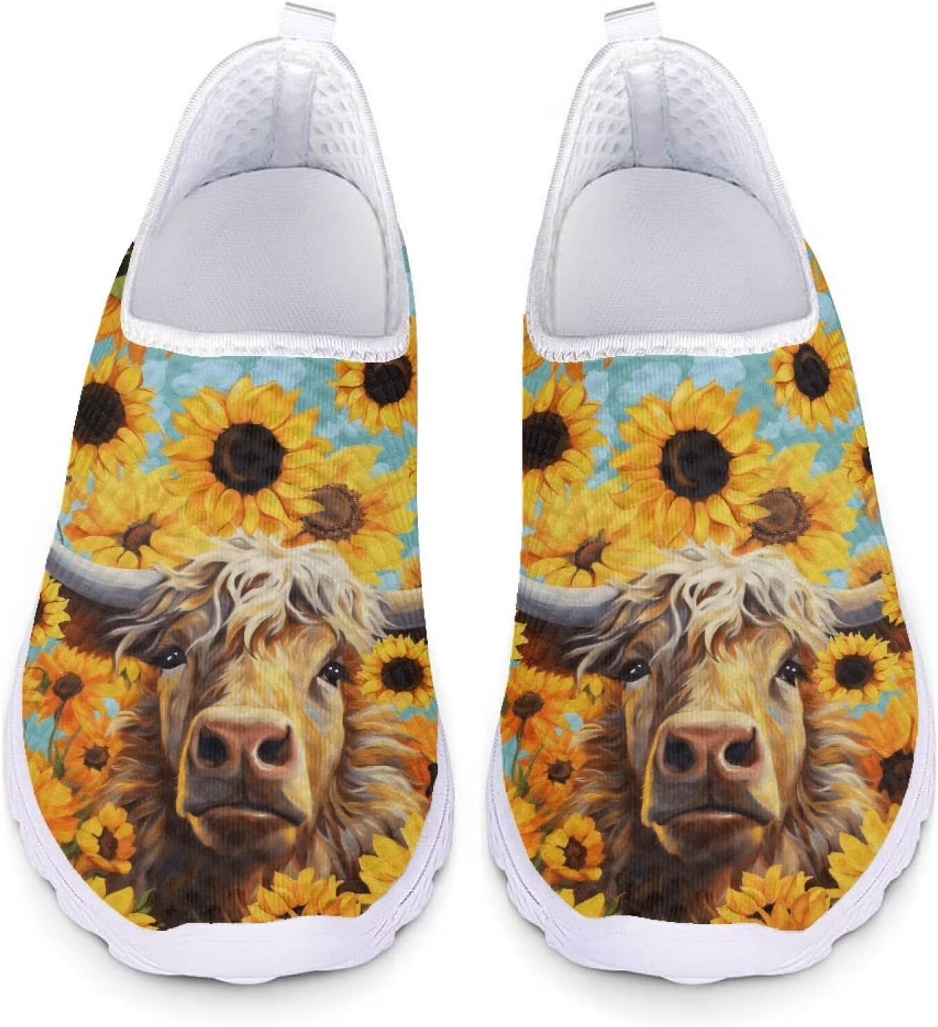 

Кроссовки для ходьбы для женщин и мужчин, спортивные кроссовки, плоская сетчатая обувь, дышащие кроссовки Xixirimido, Cow Sunflower