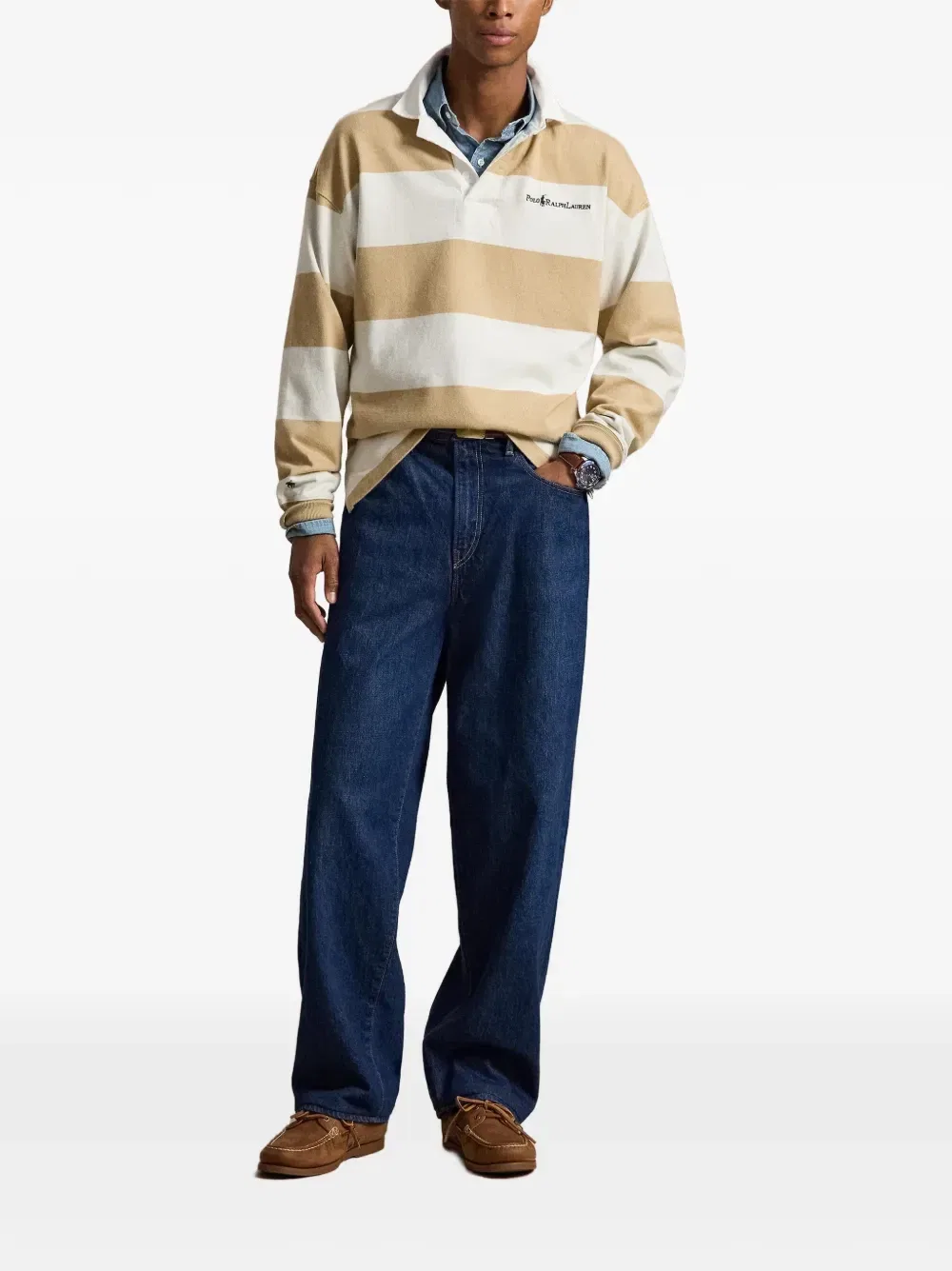 Поло Ralph Lauren регбийная рубашка из джерси в полоску свободного кроя POLO RALPH LAUREN, бежевый — фото 2