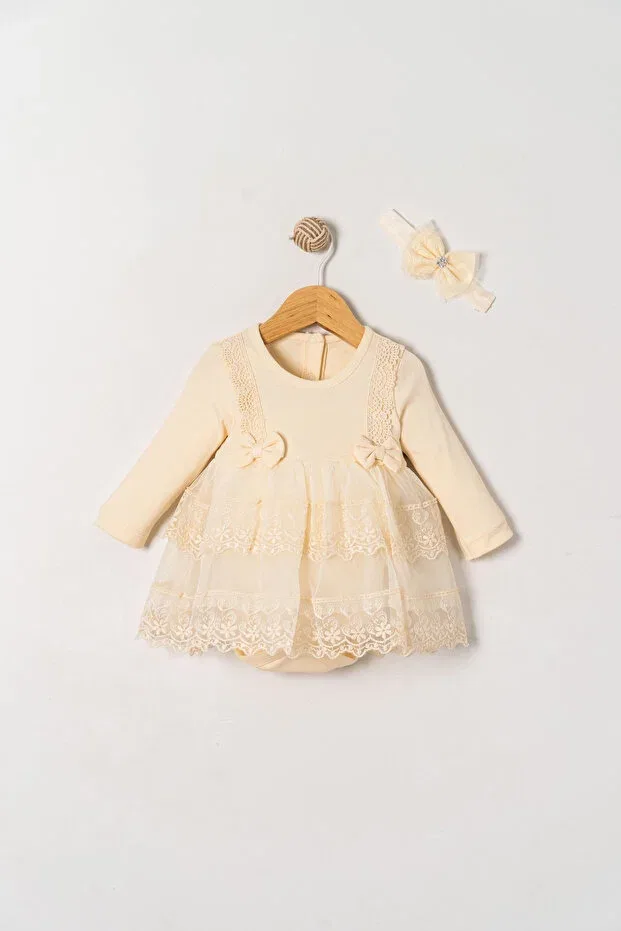 Детское платье-боди для девочек с вышивкой Miniday Baby, Beige — фото 2
