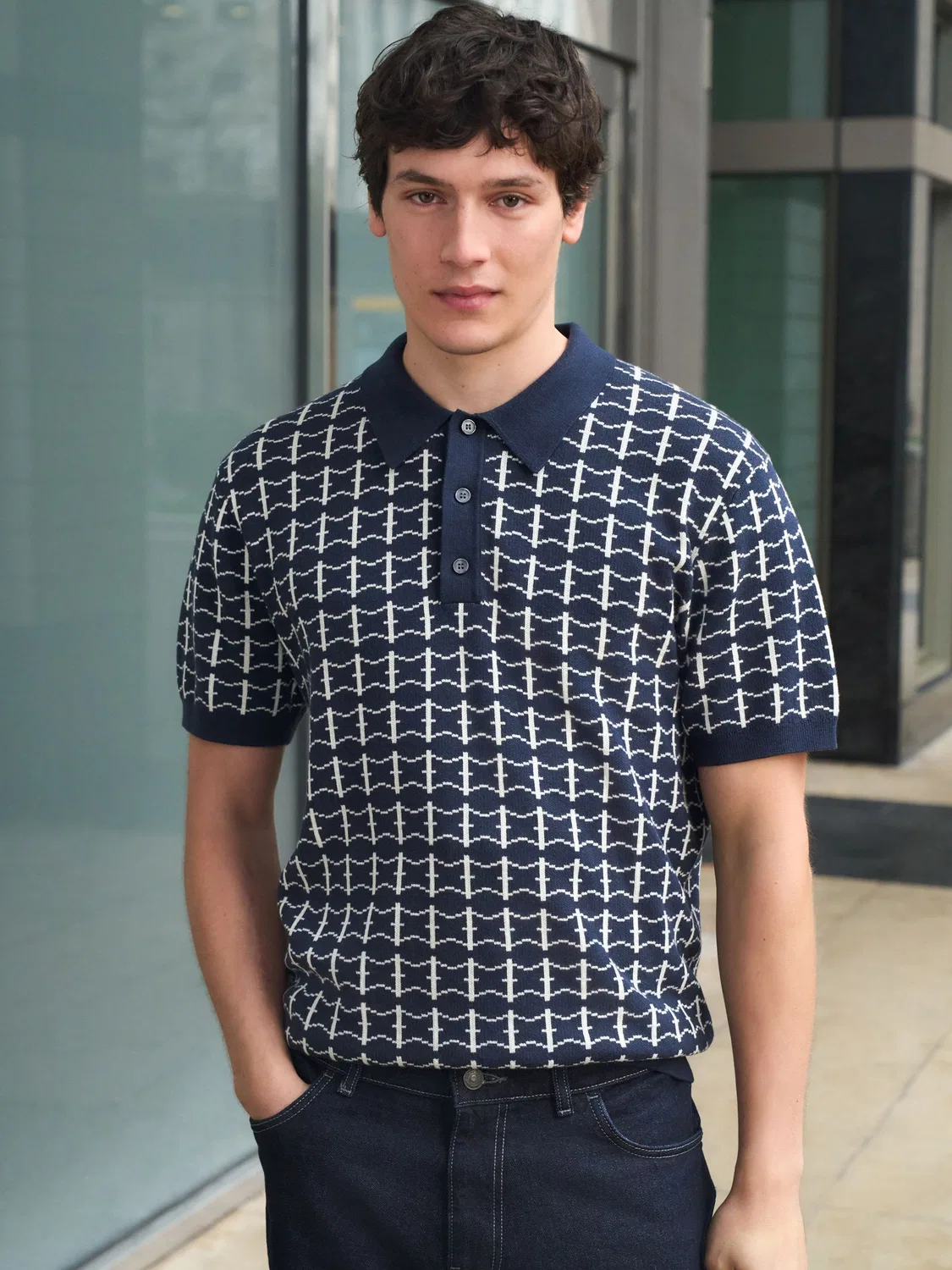 Поло вязаное с геометрическим узором, Navy Blue Next