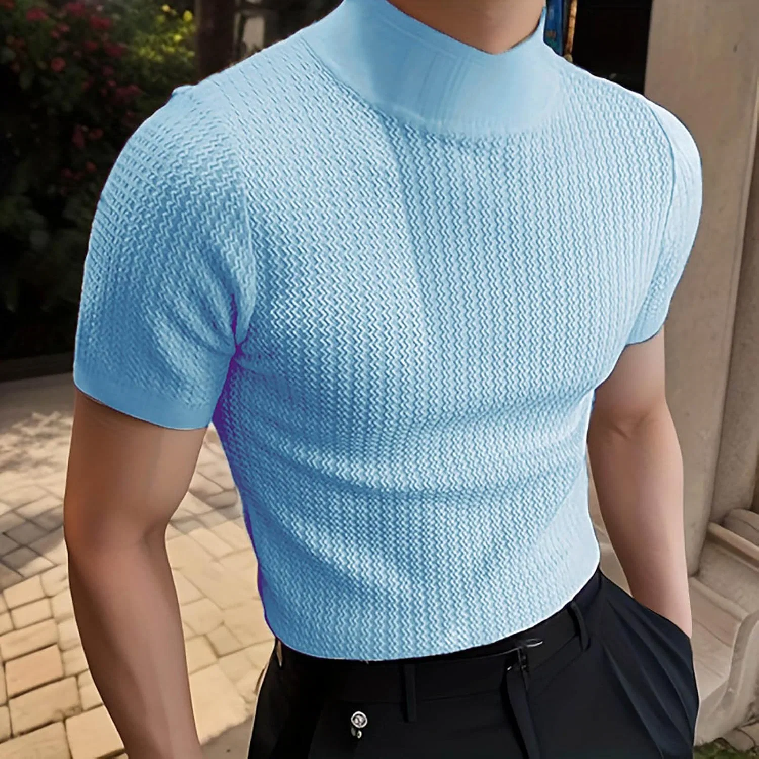 Мужская текстурированная рубашка с коротким рукавом и водолазкой, вязаная, Slim Fit, Blue-1 — фото 2