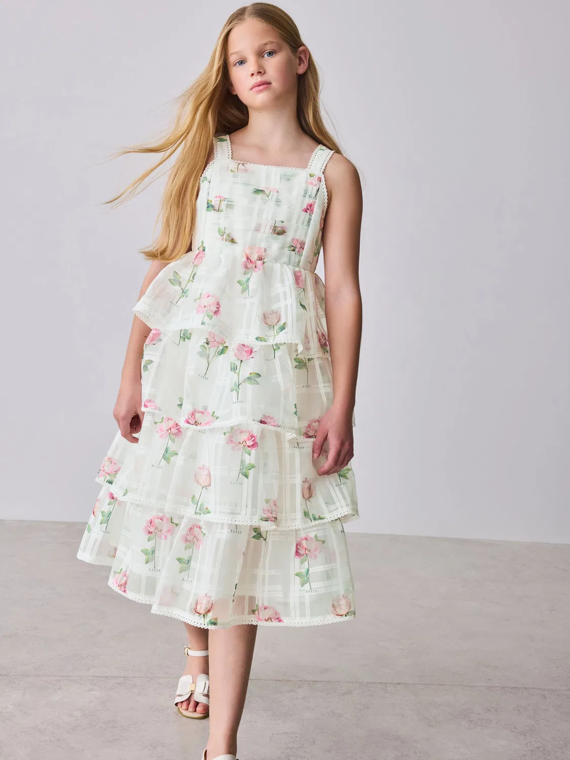 Платье миди из органзы с цветочным принтом, Burnout Organza Floral Tiered Baker by Ted Baker, белый — фото 2