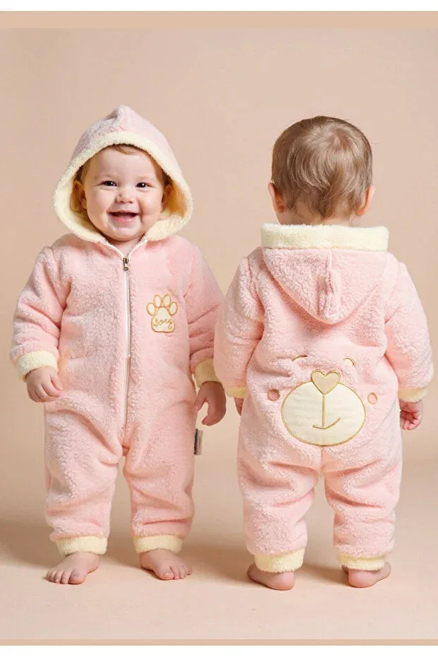 Детский комбинезон с капюшоном из велсофта с вышивкой Tuabella, Embroidered Pink Jumpsuit