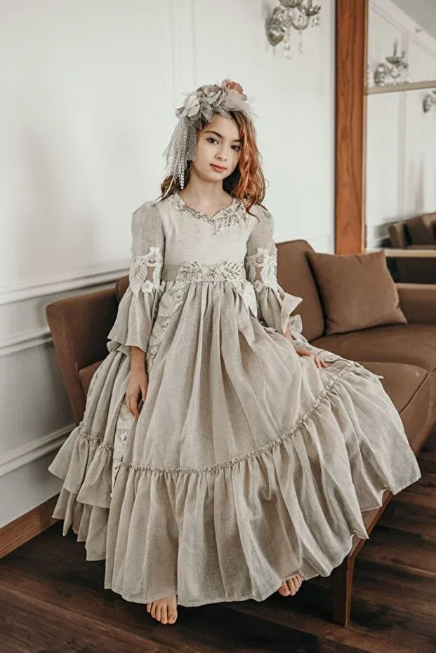 Детское платье для девочек с длинным рукавом Special Design Long Girl's Birthday Dress With Crown Accessories Mialora Exclusive By Emel Ebru Özdemir, Beige