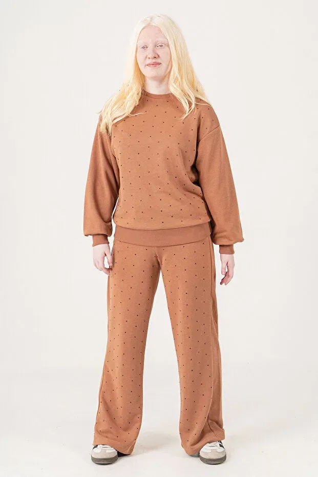 Детский спортивный комплект для девочек с принтом Stoned Crew Neck Girls' Tracksuit Set Kinderos, Tan Color — фото 3