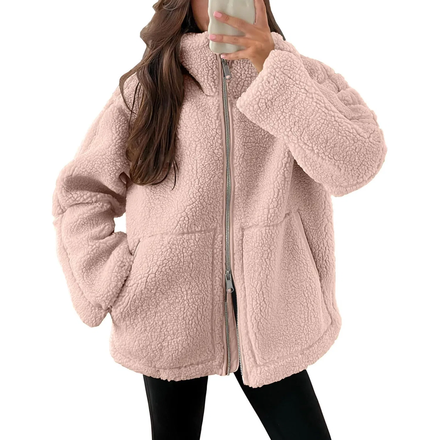 Женское пальто с длинным рукавом Oversized Fuzzy Fleece Jackets, rosa — фото 2