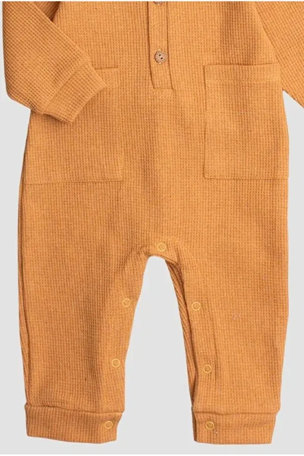 Детский комбинезон для девочек хлопковый Waffle visual wooden button cotton baby romper Chicsy Baby, Hardal — фото 3