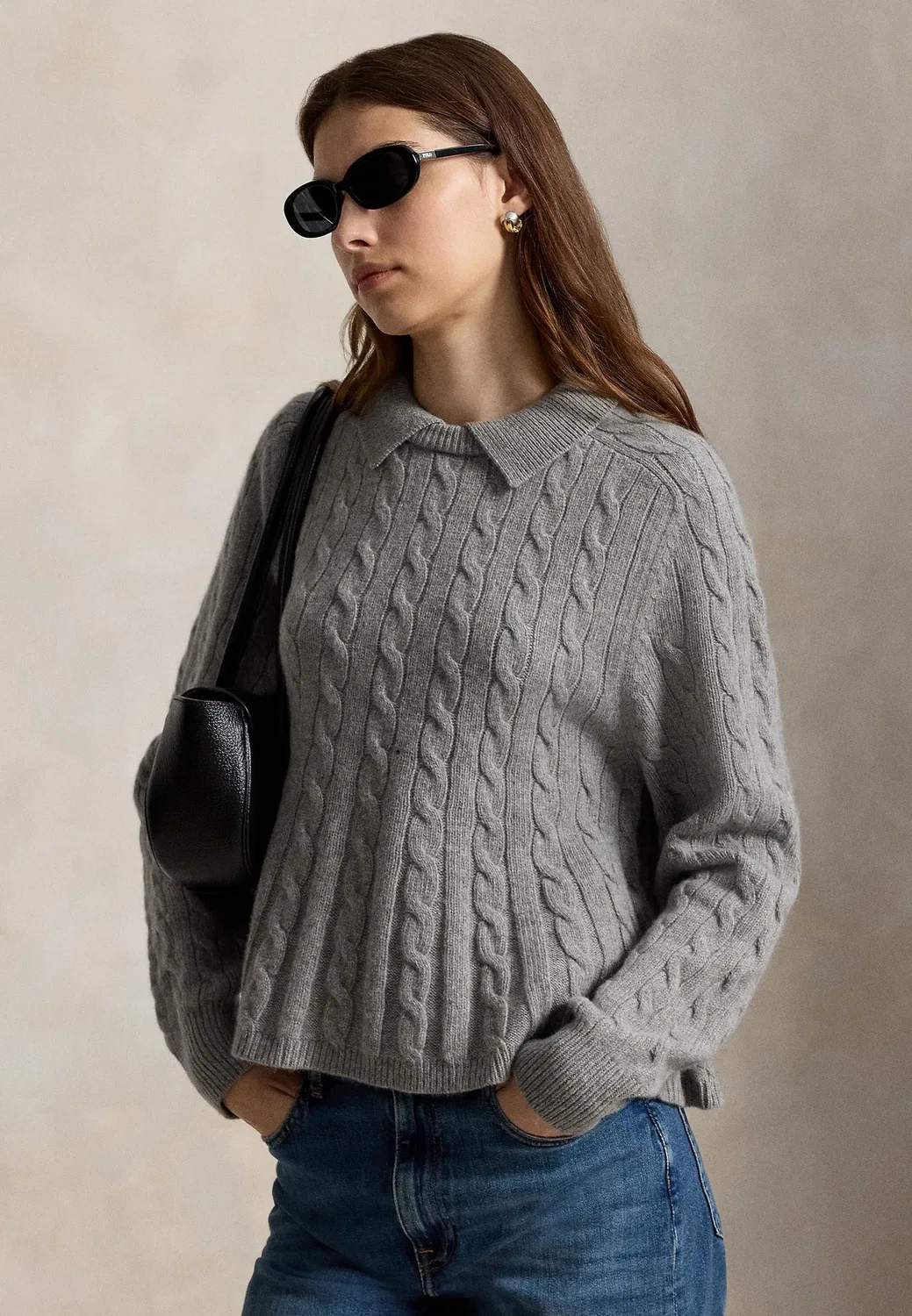 Свитер с баской из шерсти и кашемира с косами Polo Ralph Lauren, Outpost Gray